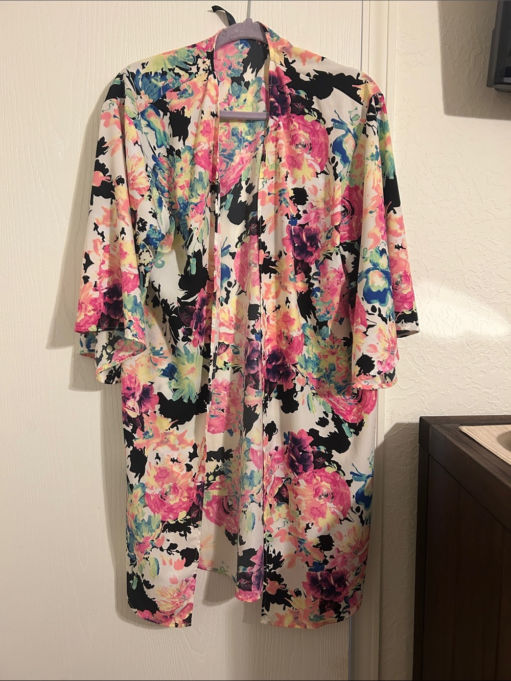Floral Open Front Kimono - Pink, Black & Aqua